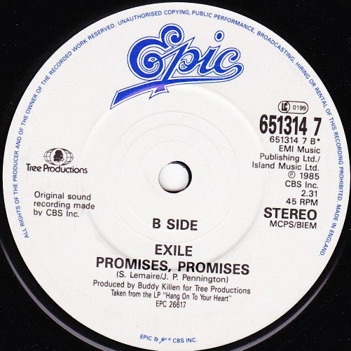 Exile (7) : She's Too Good To Be True / Promises, Promises (7", Single)