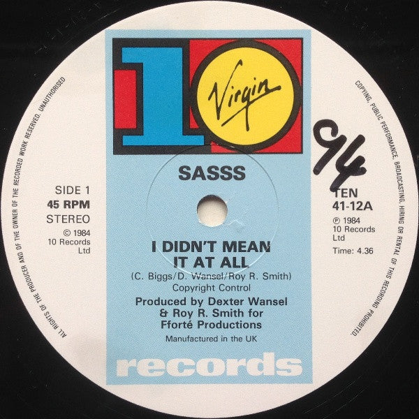 Sasss : I Didn't Mean It At All (12", Single)