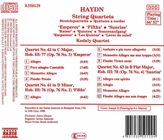 Haydn* • Kodály Quartet : String Quartets ('Emperor' • 'Fifths' • 'Sunrise') (CD)