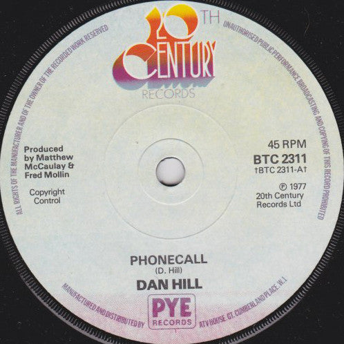 Dan Hill : Phonecall (7", Single, Sol)