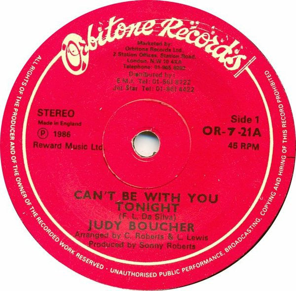 Judy Boucher : Can't Be With You Tonight (7", Single, Whi)