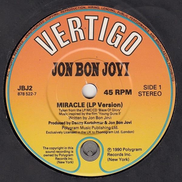 Jon Bon Jovi : Miracle (7", Single, M/Print)