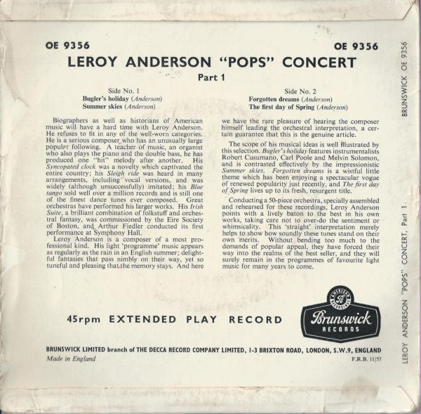 Leroy Anderson : 'Pops' Concert Part 1 (7", EP)