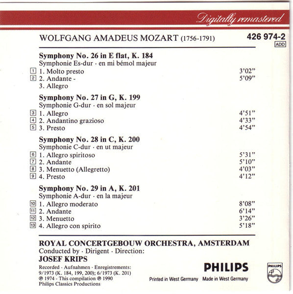 Wolfgang Amadeus Mozart / Concertgebouworkest / Josef Krips : Symphonies Nos. 26 - 29 (CD, Comp, RM)