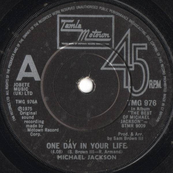 Michael Jackson : One Day In Your Life (7", Single, RE, Sol)