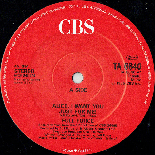 Full Force : Alice, I Want You Just For Me! (12", Single)
