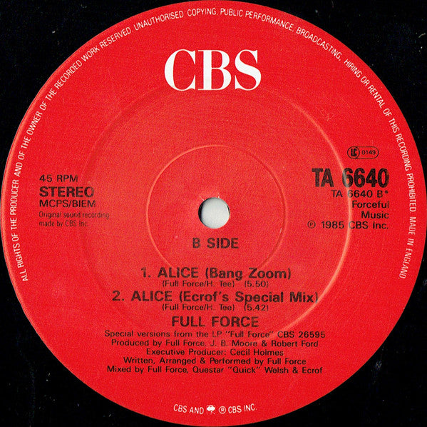 Full Force : Alice, I Want You Just For Me! (12", Single)