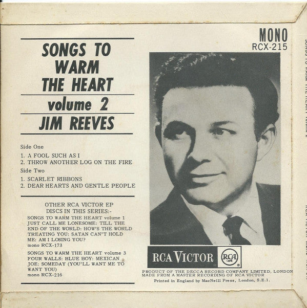 Jim Reeves : Songs To Warm The Heart Vol.2 (7", EP, Mono)