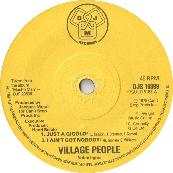 Village People : Just A Gigolo / I Ain't Got Nobody (7")