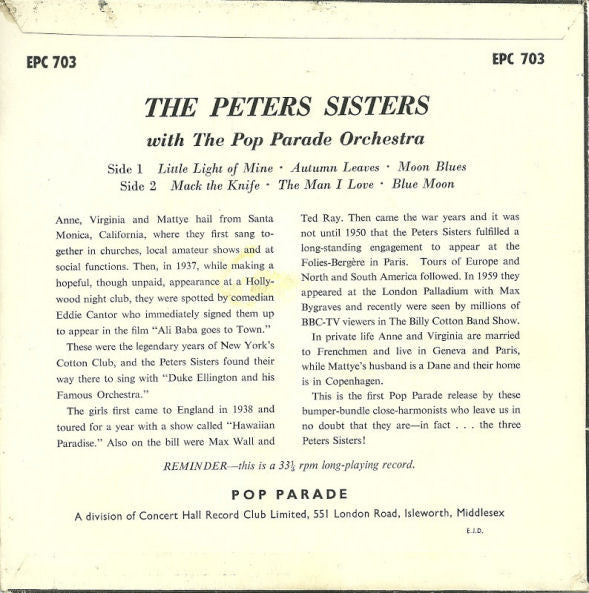 Peters Sisters With The Pop Parade Orchestra : The Peters Sisters With The Pop Parade Orchestra (7", EP)