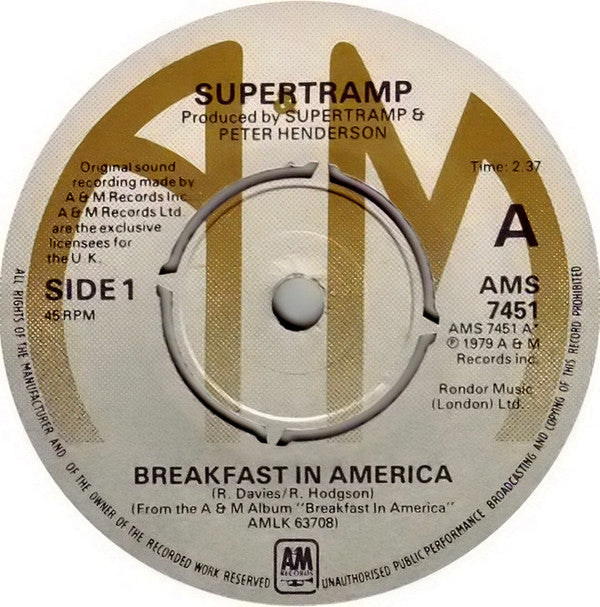 Supertramp : Breakfast In America (7", Single, Kno)