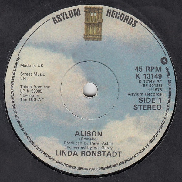 Linda Ronstadt : Alison (7", Single)