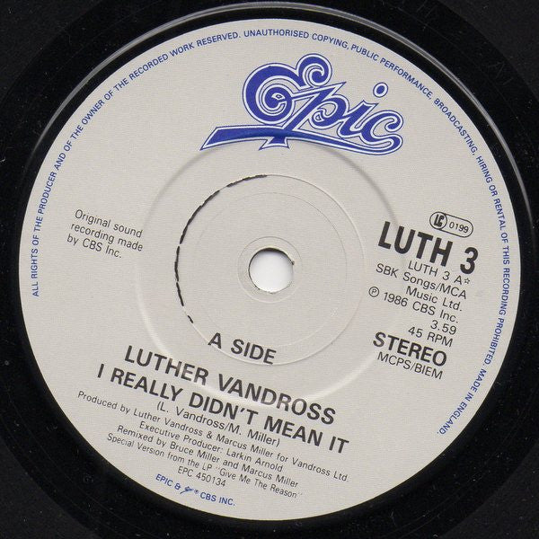 Luther Vandross : I Really Didn't Mean It (7", Single)