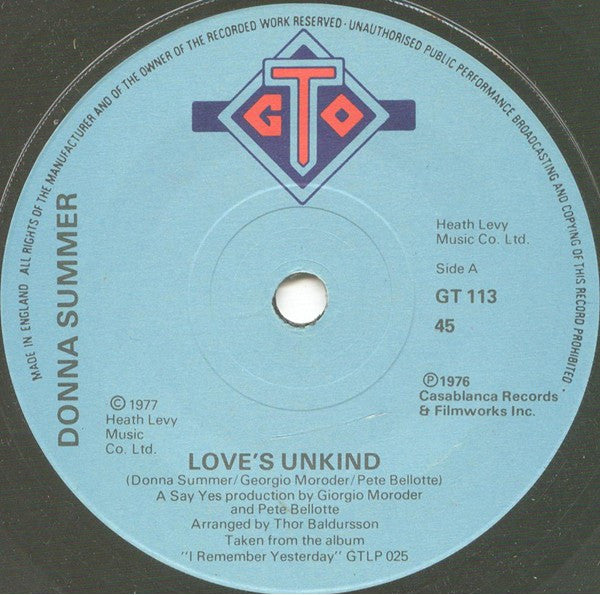 Donna Summer : Love's Unkind (7", Single, Pap)