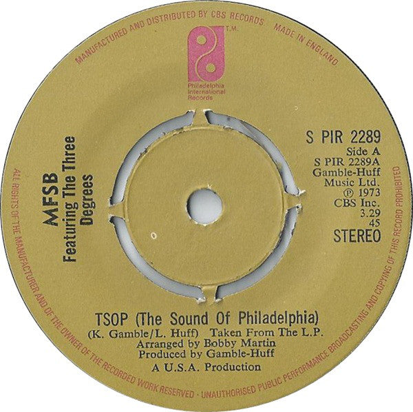 MFSB Featuring The Three Degrees : TSOP (The Sound Of Philadelphia) (7", Single, Kno)