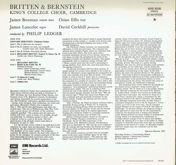 Benjamin Britten & Leonard Bernstein / The King's College Choir Of Cambridge Conducted By Philip Ledger : Rejoice In The Lamb / Chichester Psalms (LP)