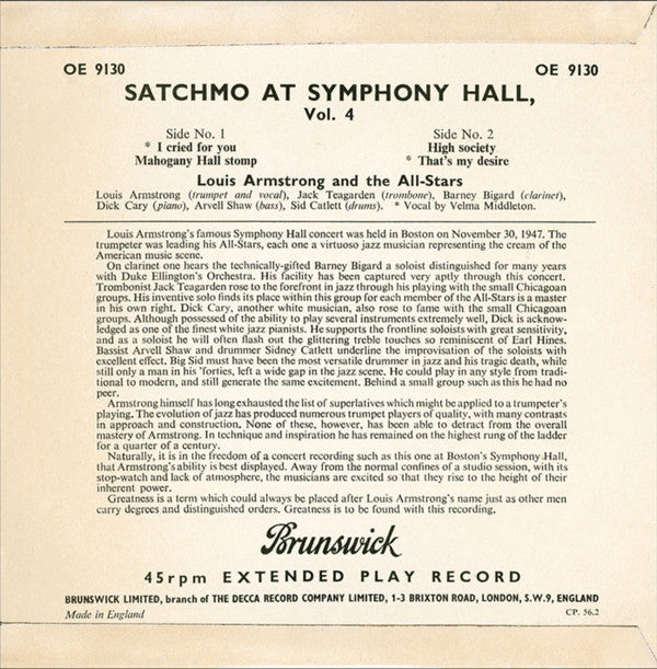 Louis Armstrong And His All-Stars : Satchmo At Symphony Hall Volume 4 (7", EP)