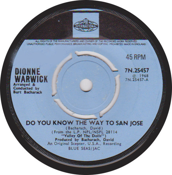 Dionne Warwick : Do You Know The Way To San Jose (7", Single, 4-P)