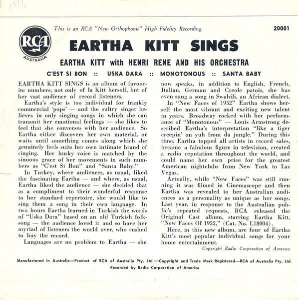 Eartha Kitt With Henri René And His Orchestra : Eartha Kitt Sings (7", EP)