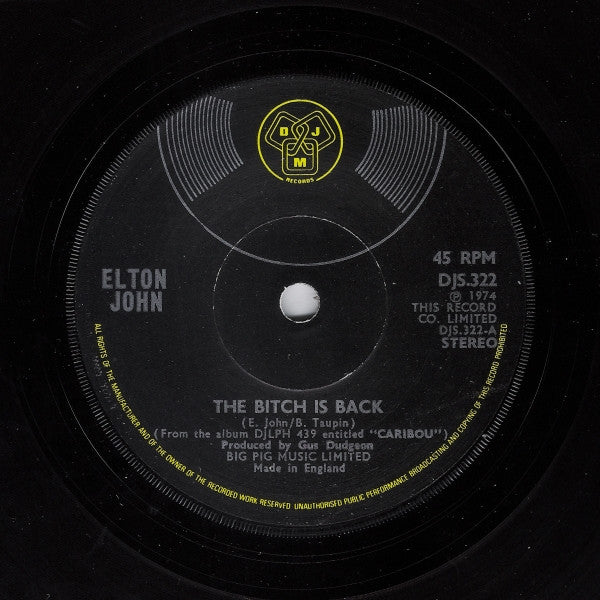 Elton John : The Bitch Is Back (7", Single, Sol)
