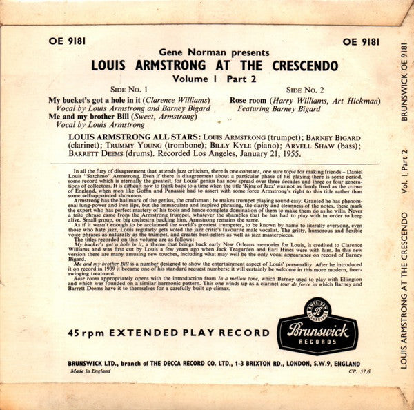 Louis Armstrong And His All-Stars : Greg Norman Presents Louis Armstrong At The Crescendo Volume 1 Part 2 (7", EP, Mono)