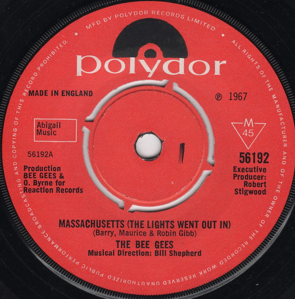 Bee Gees : Massachusetts (The Lights Went Out In) (7", Single, Mono, 4-P)