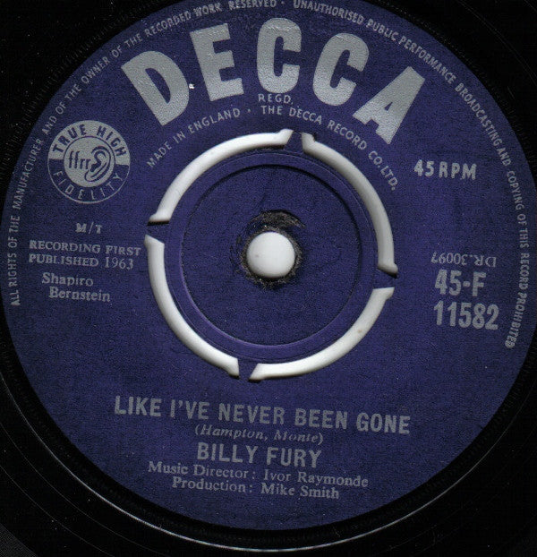 Billy Fury : Like I've Never Been Gone (7", Single)