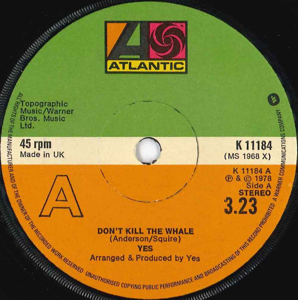 Yes : Don't Kill The Whale (7", Single, Com)