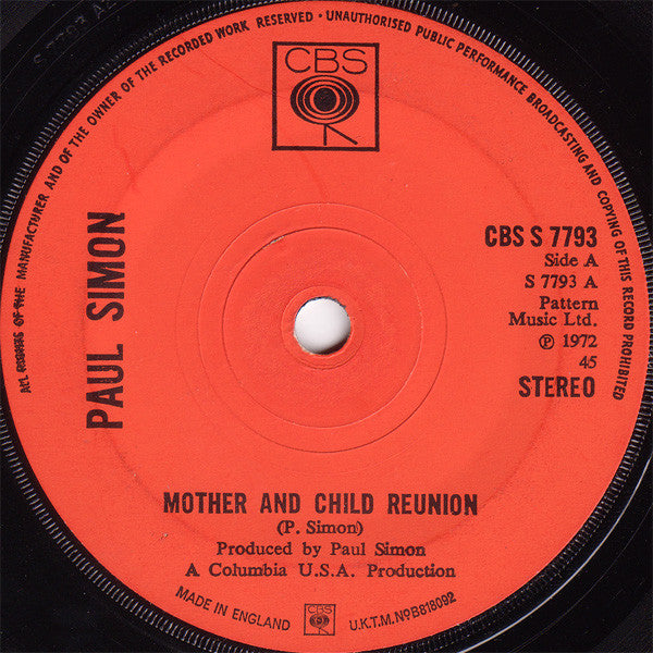 Paul Simon : Mother And Child Reunion (7", Single, Sol)