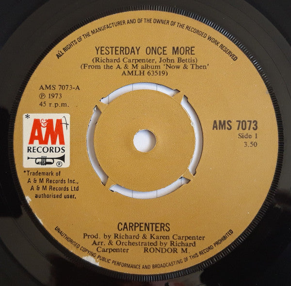 Carpenters : Yesterday Once More (7", Single, Kno)