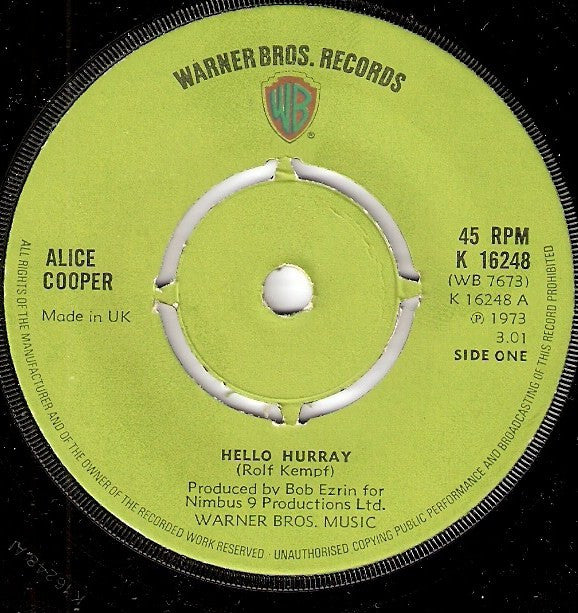 Alice Cooper : Hello Hurray (7", Single, Pus)