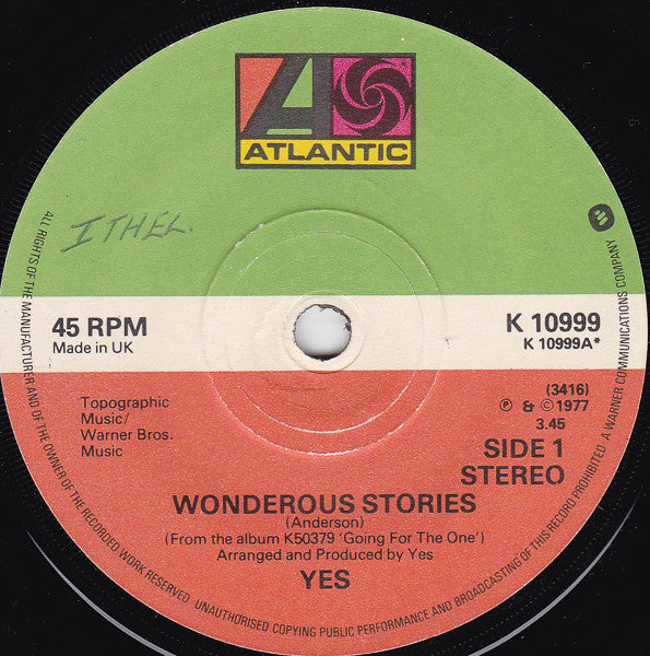 Yes : Wonderous Stories (7", Single, RP, Sol)