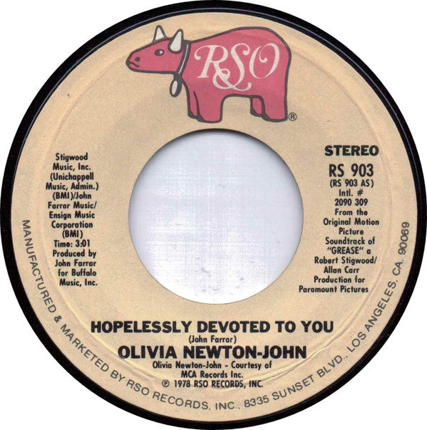 Olivia Newton-John / Unknown Artist : Hopelessly Devoted To You / Love Is A Many Splendored Thing (7", Single, Pit)