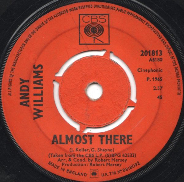 Andy Williams : Almost There (7", Single, Pus)
