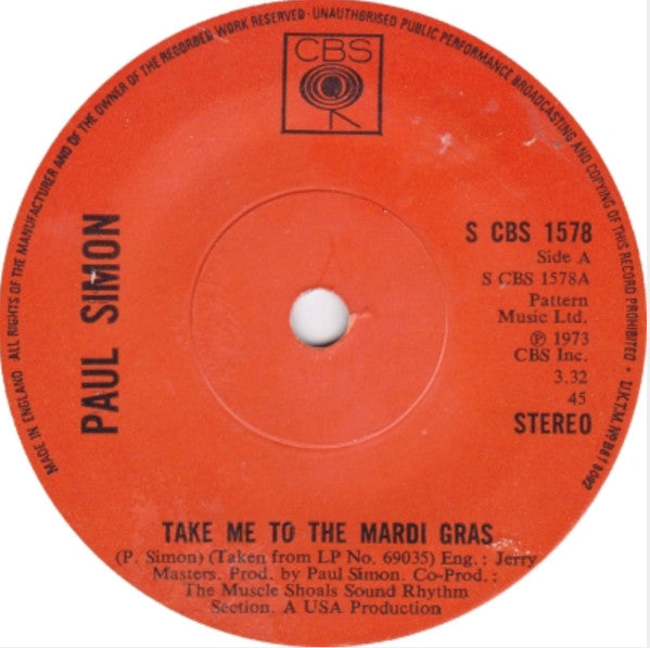 Paul Simon : Take Me To The Mardi Gras (7", Single, Sol)