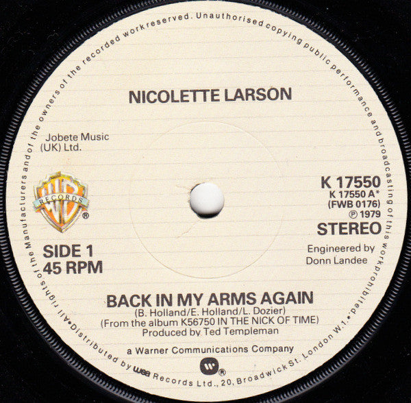 Nicolette Larson : Back In My Arms Again (7", Single)