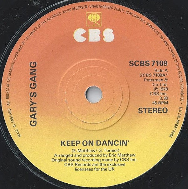 Gary's Gang : Keep On Dancin' (7", Single)