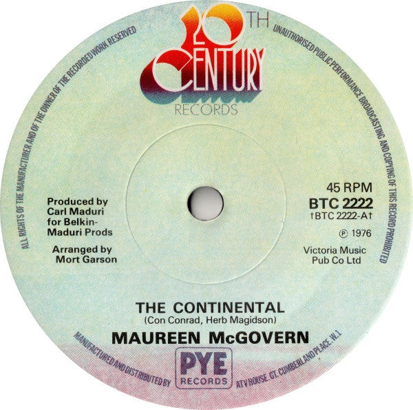 Maureen McGovern : The Continental (7", Single, Sol)