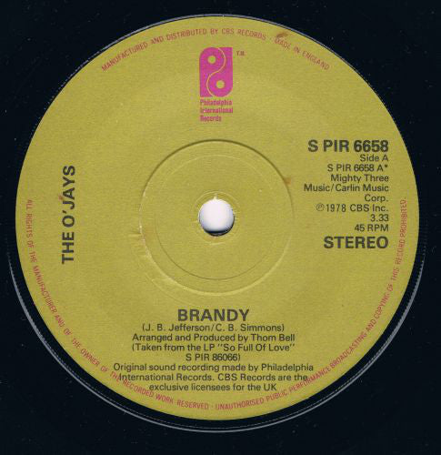 The O'Jays : Brandy (7", Single, Sol)