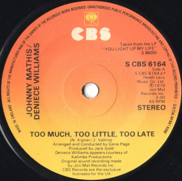 Johnny Mathis / Deniece Williams : Too Much, Too Little, Too Late (7", Single)