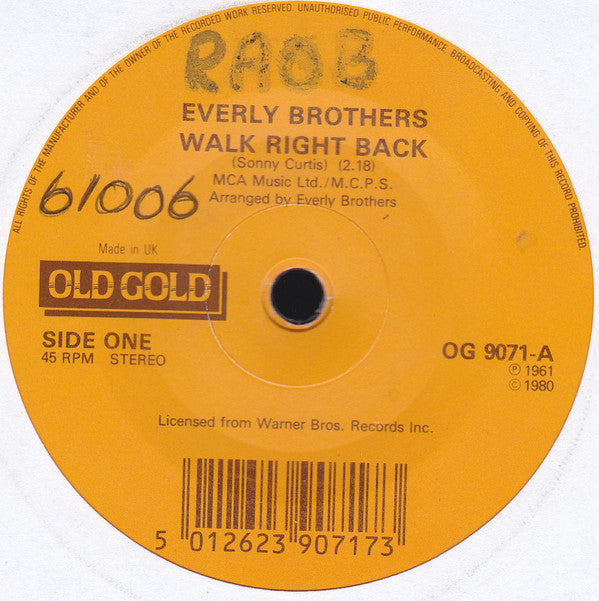 Everly Brothers : Walk Right Back / Ebony Eyes (7", Single, RE)