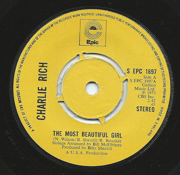 Charlie Rich : The Most Beautiful Girl (7", Single, Kno)