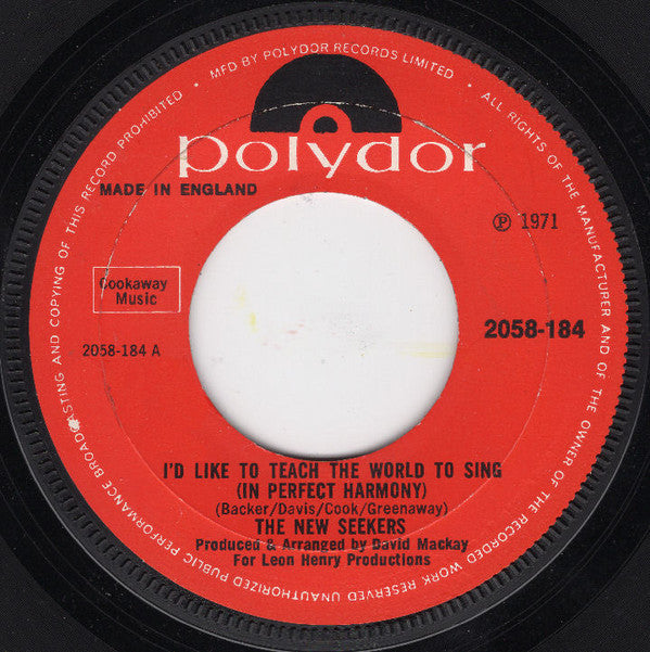 The New Seekers : I'd Like To Teach The World To Sing (In Perfect Harmony) (7", Single, Lar)