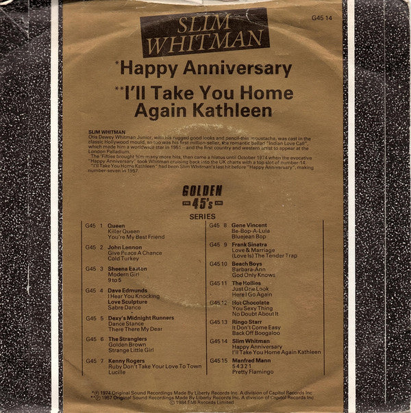 Slim Whitman : Happy Anniversary / I'll Take You Home Again Kathleen (7")