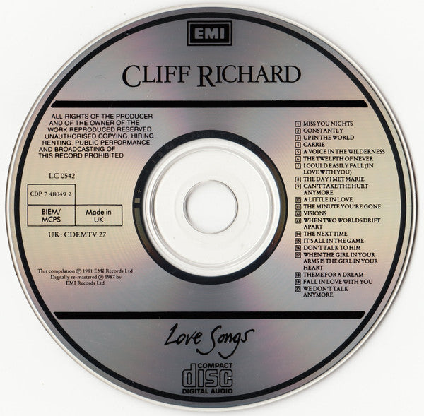 Cliff Richard : Love Songs (CD, Comp, Mono, RE, RM)