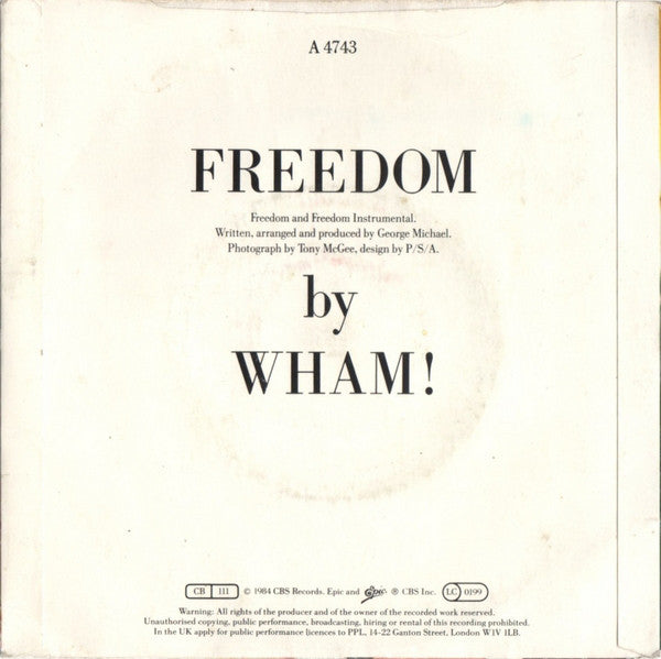 Wham! : Freedom (7", Single, Blu)