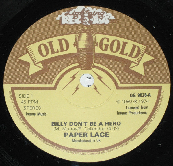 Paper Lace : Billy Don't Be A Hero / The Night Chicago Died (7", Single, RE)