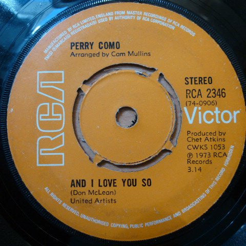 Perry Como : And I Love You So (7", Pus)