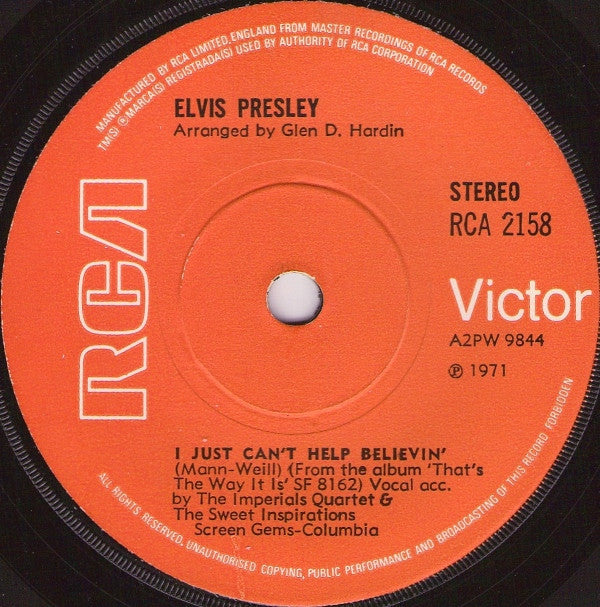 Elvis Presley : I Just Can't Help Believin' (7", Single, Sol)