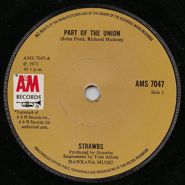 Strawbs : Part Of The Union  (7", Single, Sol)